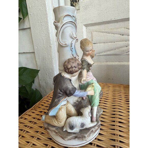 Vintage 50's Bisque Porcelain Figural Couple Candle Holder Lamp Base - Picture 8 of 11